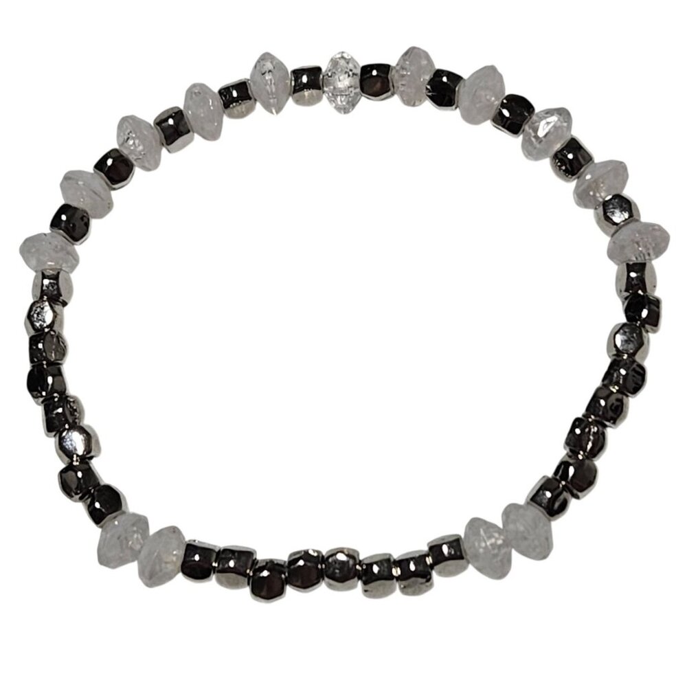 White Quartz Hematite Bead Stretch Bracelet Calming Emotional Balance Spiritual